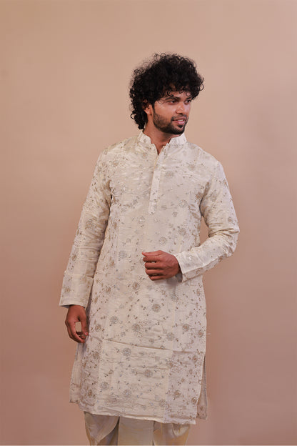 Men’s Designer Silk Cream Kurta with Plain Kaccha & Shwal