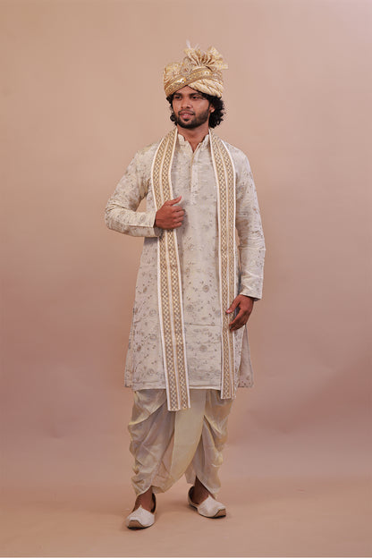 Men’s Designer Silk Cream Kurta with Plain Kaccha & Shwal