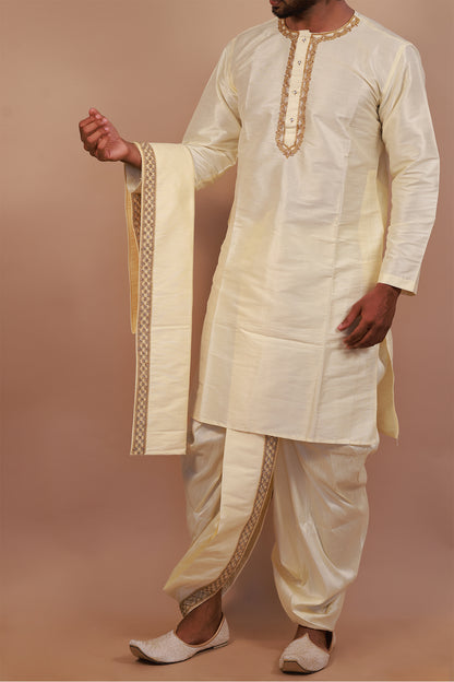 Cream  Kurta Set for Men with Lace Dupatta and Kaccha Pant