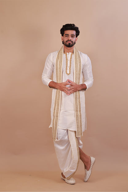 White Kurta Set for Men with Lace Dupatta and Kaccha Pant