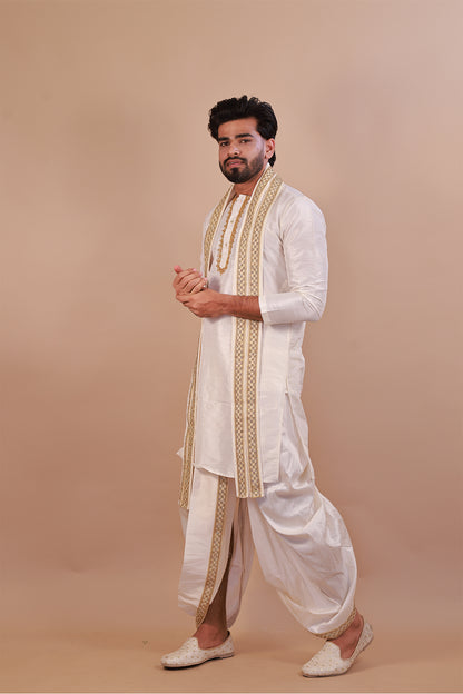 White Kurta Set for Men with Lace Dupatta and Kaccha Pant