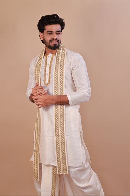 White Kurta Set for Men with Lace Dupatta and Kaccha Pant