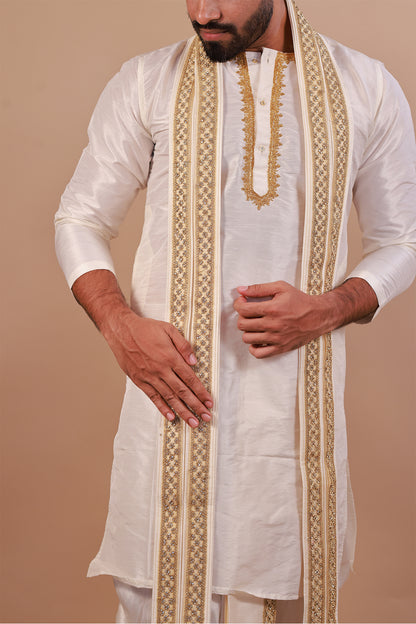 White Kurta Set for Men with Lace Dupatta and Kaccha Pant