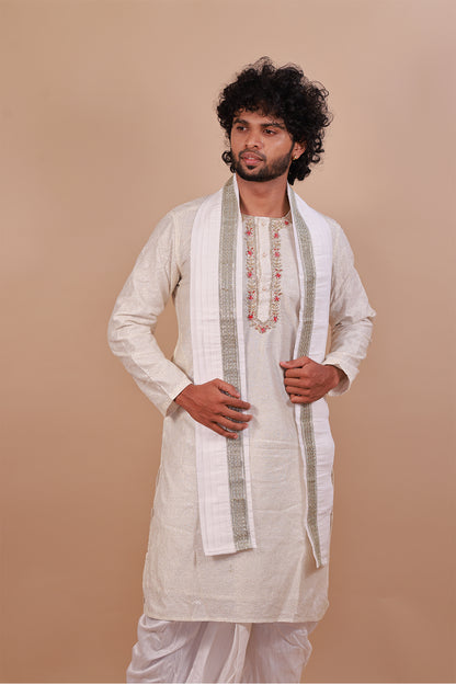 Red Embroidered White Kurta with Intricate Neck Design
