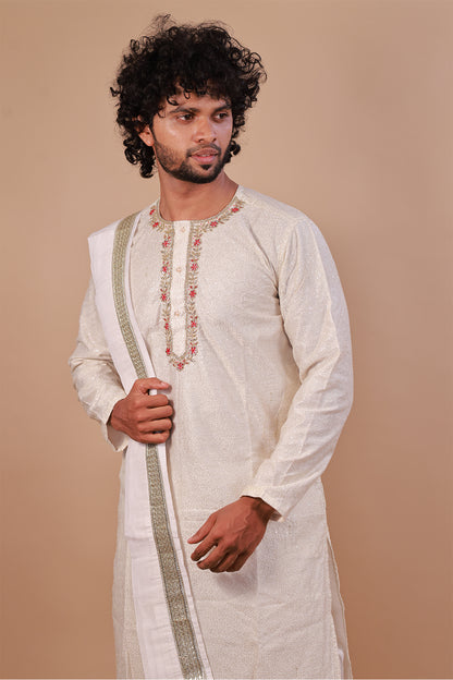 Red Embroidered White Kurta with Intricate Neck Design