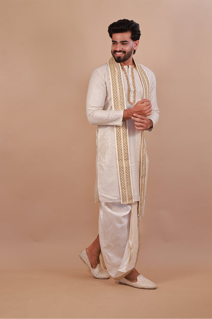 White Embroidered Kurta with Intricate Neck Design
