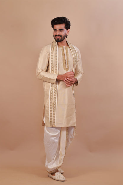 Light Brown Embroidered Kurta with Intricate Neckline Design