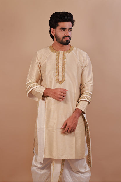 Light Brown Embroidered Kurta with Intricate Neckline Design