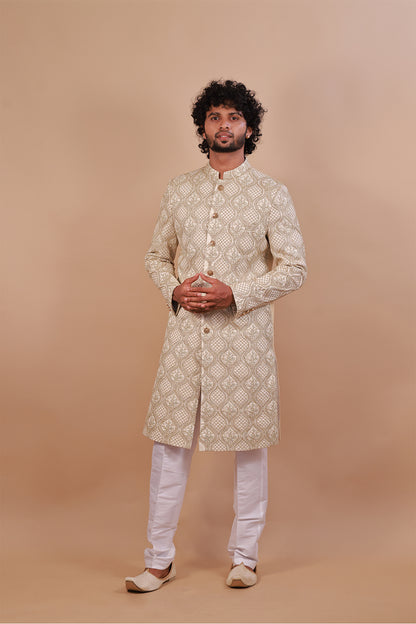 Men's Cream Sherwani - Green & Gold Embroidery for Weddings & Celebrations