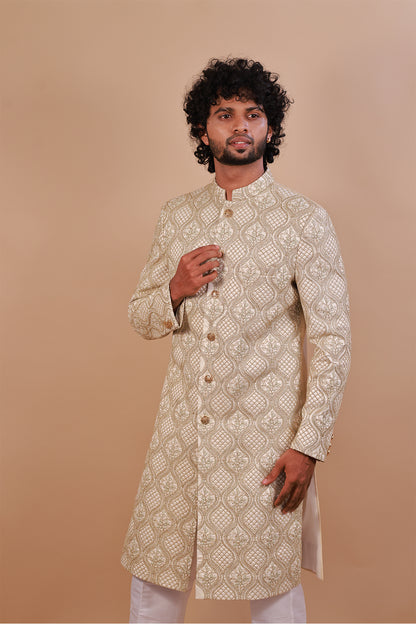 Men's Cream Sherwani - Green & Gold Embroidery for Weddings & Celebrations