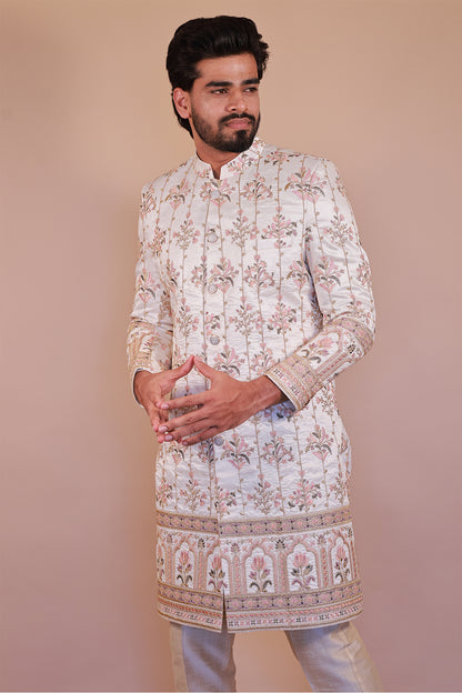 Stylish White Sherwani for Grooms with Artistic Multi-Color Embroidery