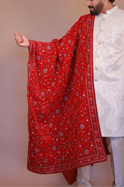 Designer Men’s Red Velvet Dupatta with Floral Multi-Color Thread Work