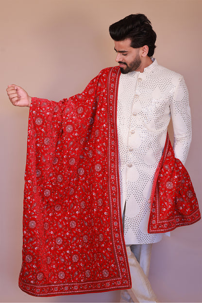 Designer Men’s Red Velvet Dupatta with Floral Multi-Color Thread Work