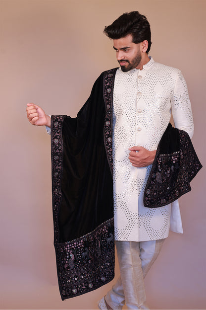 Black Velvet Dupatta with Stylish Purple Embroidery for Men