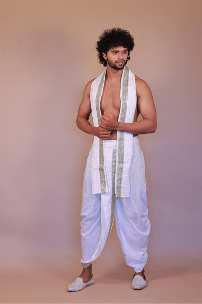 Traditional White Lace Shawl & Kaccha Pant Set – Exclusive Ethnic Wear
