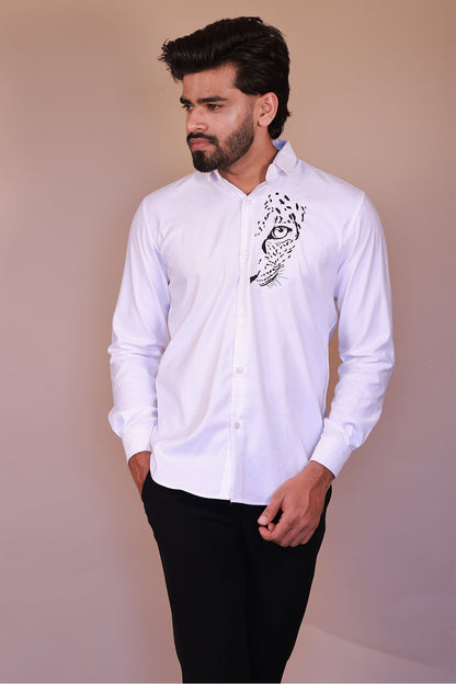 White Casual Shirt with Black Cheetah Face Embroidery