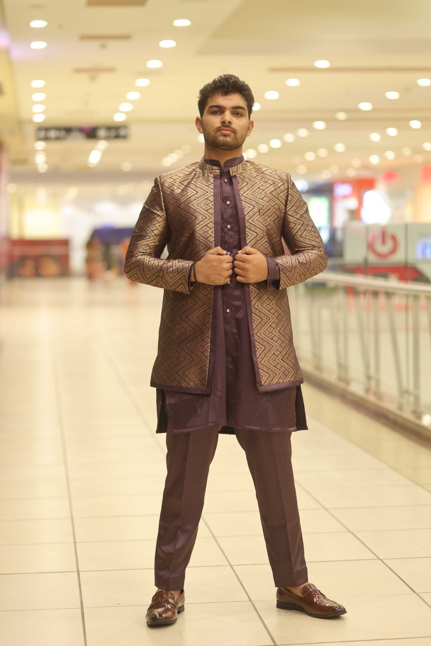 Brocade purple sherwani set