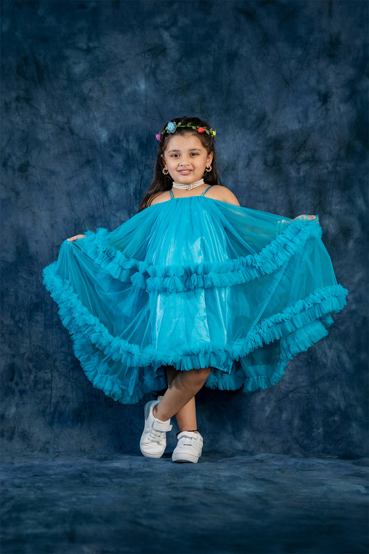 Sky blue net ruffle frock for kid