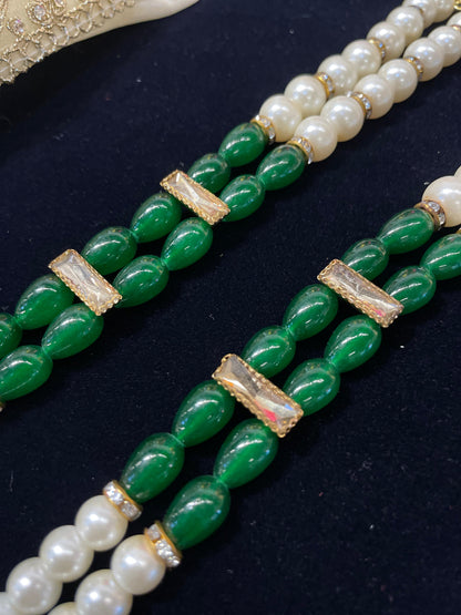 Vintage-Inspired White and Green Pearl Mala – Sophisticated Multi-Layer Necklace
