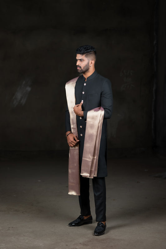 Black sherwani with onion pink silk dupatta