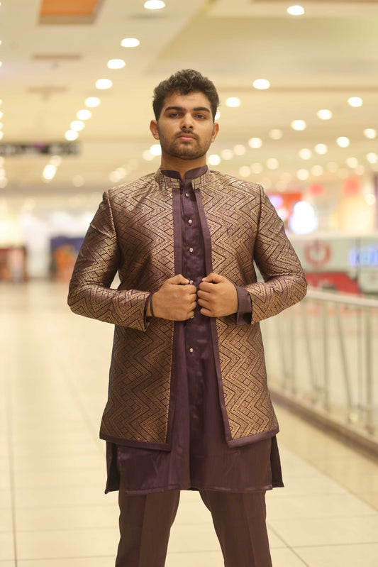 Brocade purple sherwani set