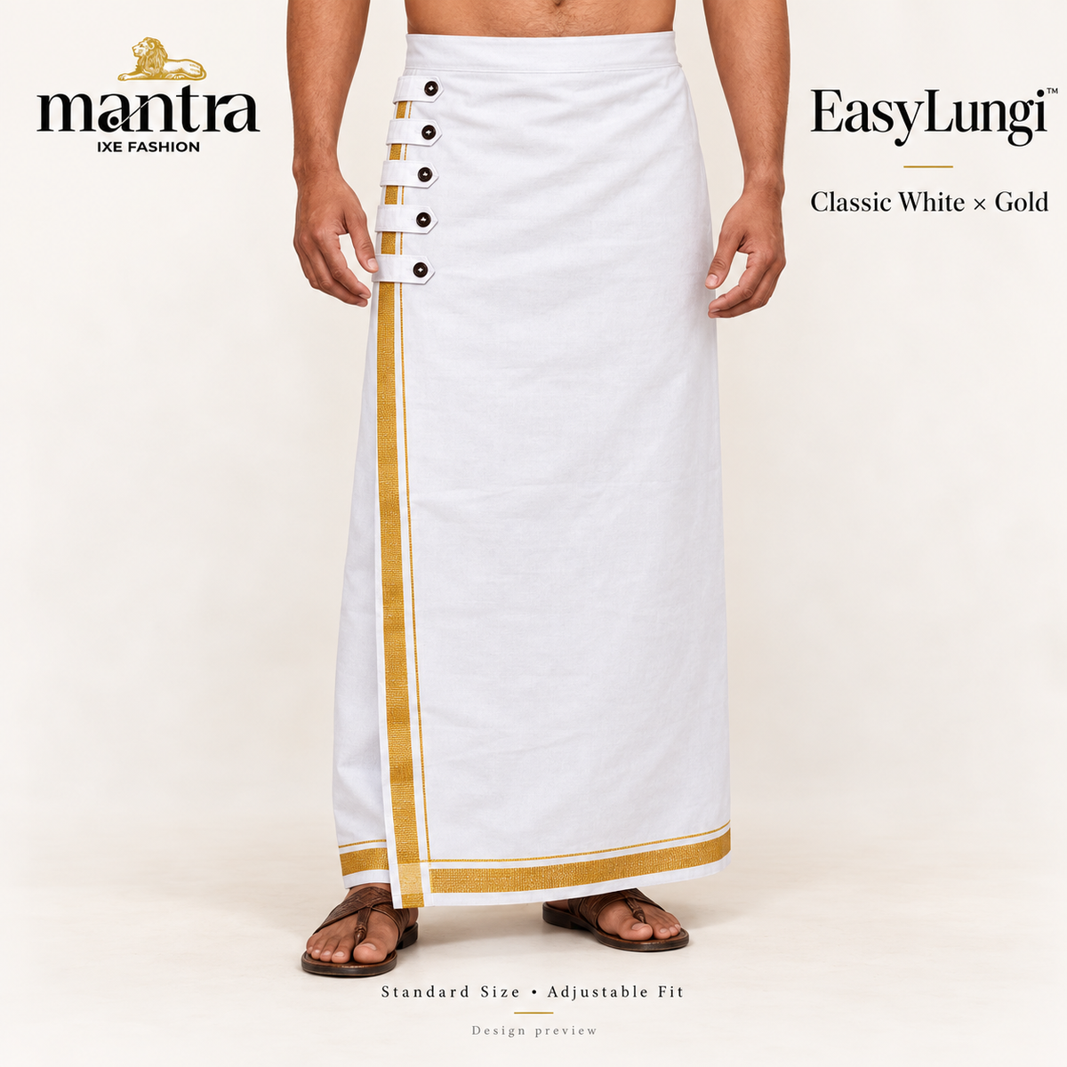 EasyLungi Classic White × Gold — design preview