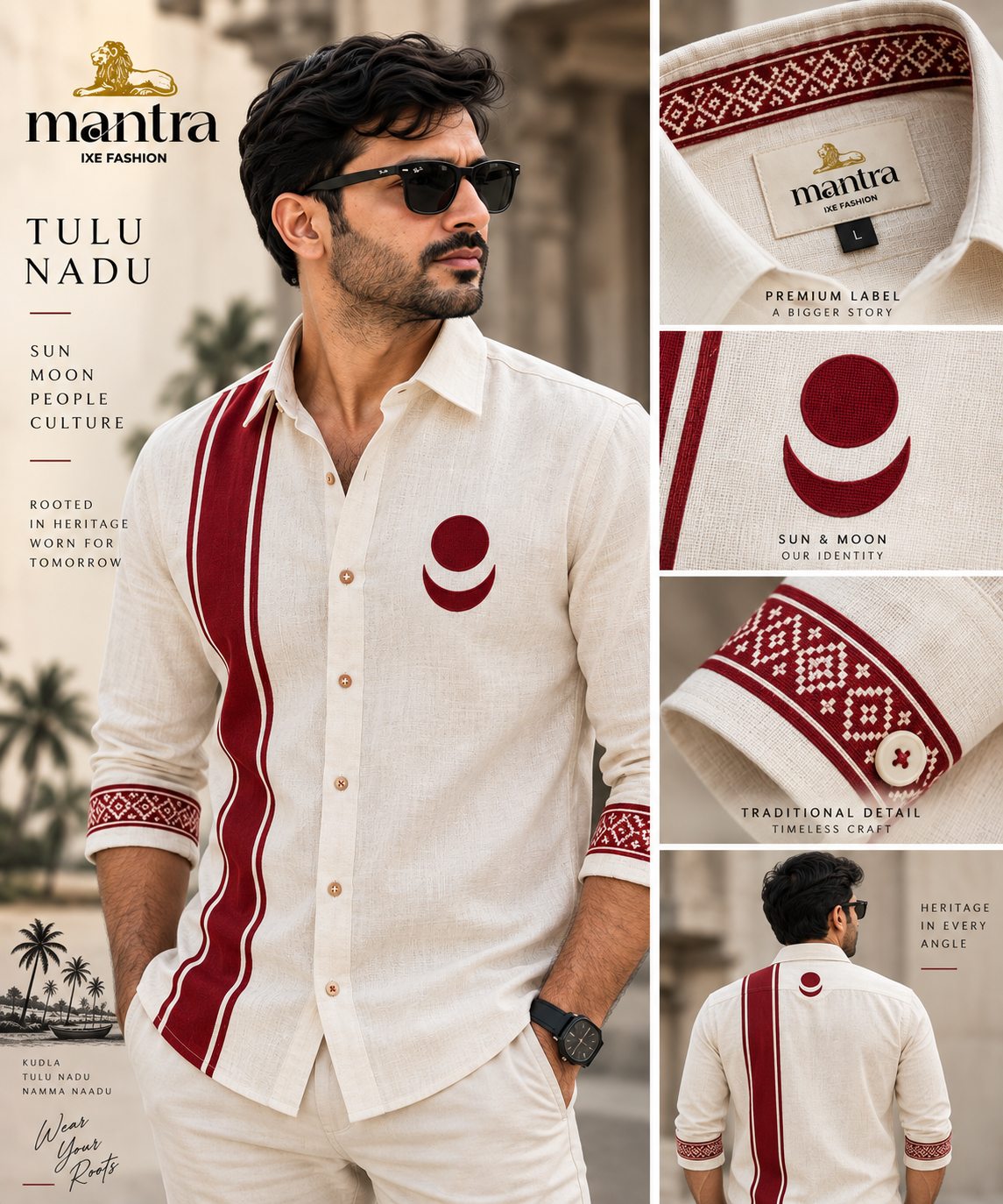 Mantra IXE Tulu Nadu cotton linen shirt in ivory with maroon stripe, sun and moon motifs, and patterned cuffs.