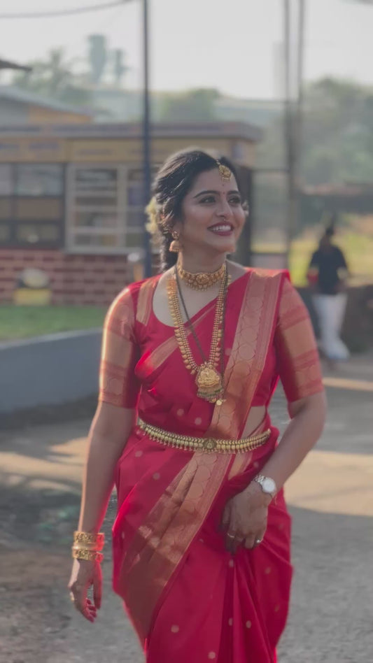 Red Pure Silk Saree with Gold Zari Border