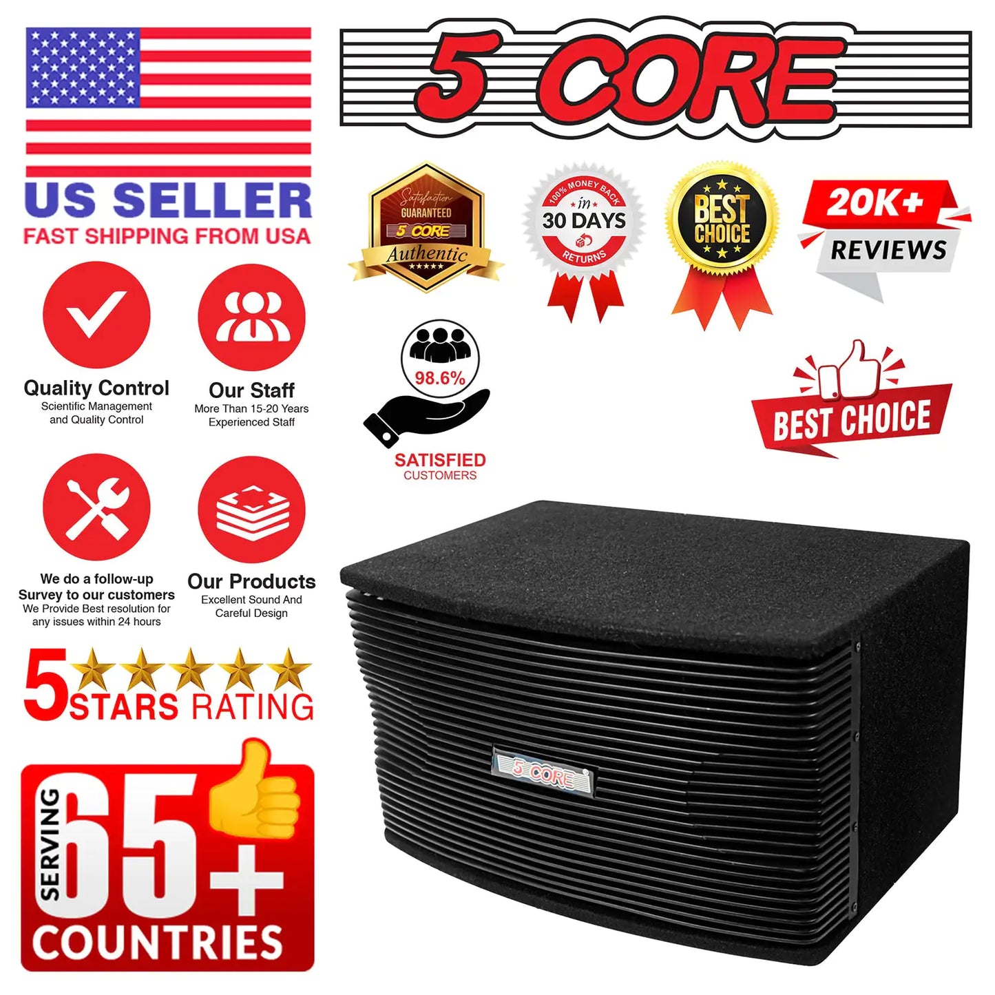 5Core Box Subwoofer for Car 1Pc Black 800W Peak Power 8 Inch Vented Trunk Speaker Woofer 8 Ohm